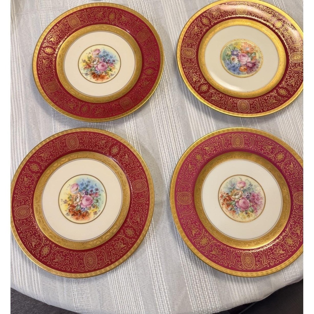 Set Of 4 Heinrich Selb Bavaria Pickard Gold, Red & Roses 11" Dinner Plates (G2)
